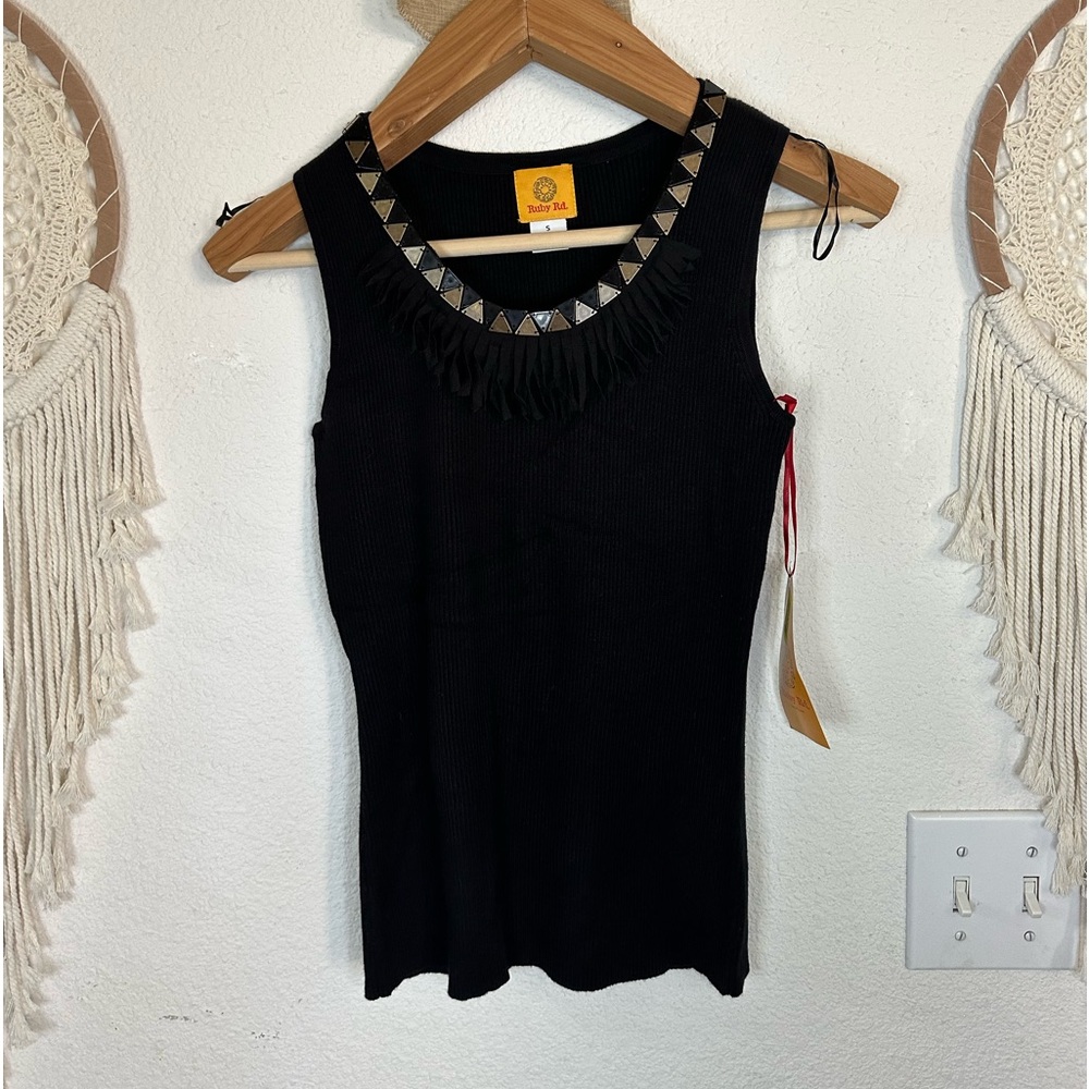 Ruby rd black fringe detail ribbed sleeveless top small